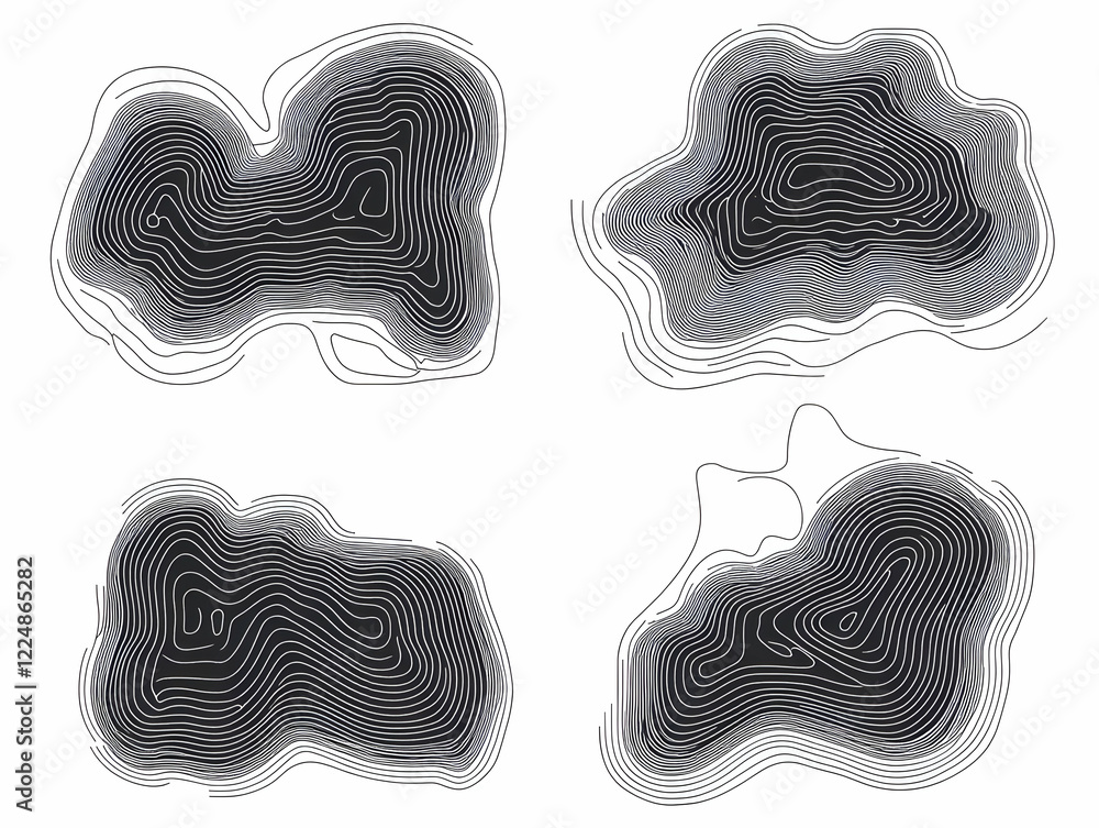 Poster four abstract topographic contour line shapes create a visual pattern on white background.