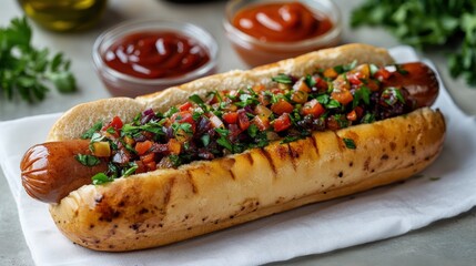 Single hot dog topped with mustard and ketchup on a clean napkin in a simple setting