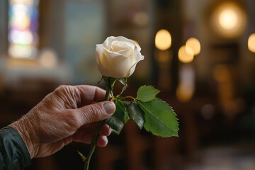 Old Hand holding white rose against church background, religious service for deceased. Farewell and loss, mourning at funeral, fond memory. Funeral memory services advertisement template, copyspace