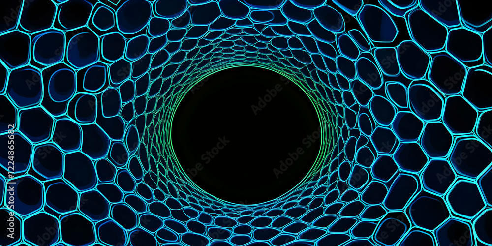 Aufkleber 3d abstract background forms a tunnel with blue and green lights and grid pattern