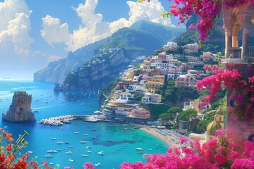 Splendida vista della costiera amalfitana in Italia circondata da fiori colorati
