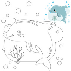 Vector drawing of a dolphin. Smart ocean dweller, for kids, coloring books and education.
