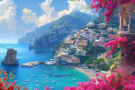 Splendida vista della costiera amalfitana in Italia circondata da fiori colorati