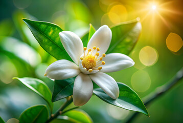 Fototapeta premium A delicate white flower blooms amidst lush green leaves, illuminated by warm sunlight, creating a serene and vibrant atmosphere.