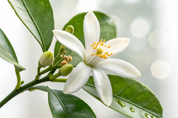 Fototapeta premium A delicate white flower with yellow stamens blooms among glossy green leaves, showcasing nature's beauty in soft, blurred light.