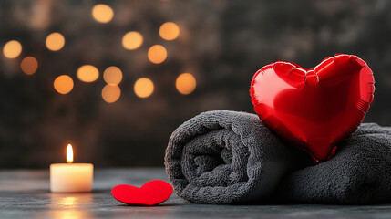 Valentine's Day offer at the spa and massage salon, a red heart-shaped balloon among the towels