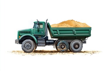 Obraz premium Dump Truck filled with sand isolated on white background. Dump Truck icon. Heavy Machinery. Construction Vehicle with sand. Dump Truck Design Element. Sand-filled Dump Truck isolated.