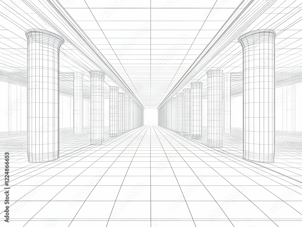 Poster 3D Wireframe Architectural Hallway Render with Columns and Tiled Floor extends into the Distance