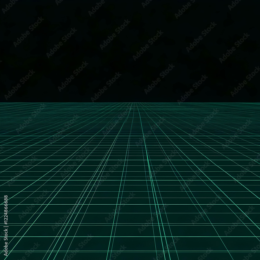 Poster green grid pattern creates abstract perspective on dark background