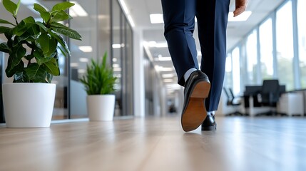 Businessman Walking Through Modern Office Hallway