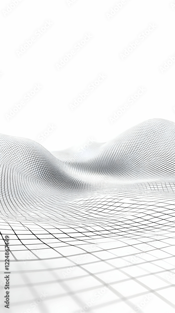 Poster abstract 3d wireframe mesh forms a rolling landscape on a white background.