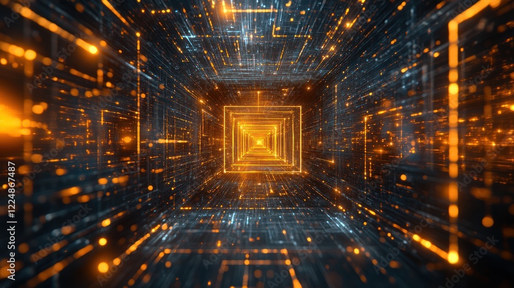Poster abstract digital tunnel with glowing orange lines and particles.