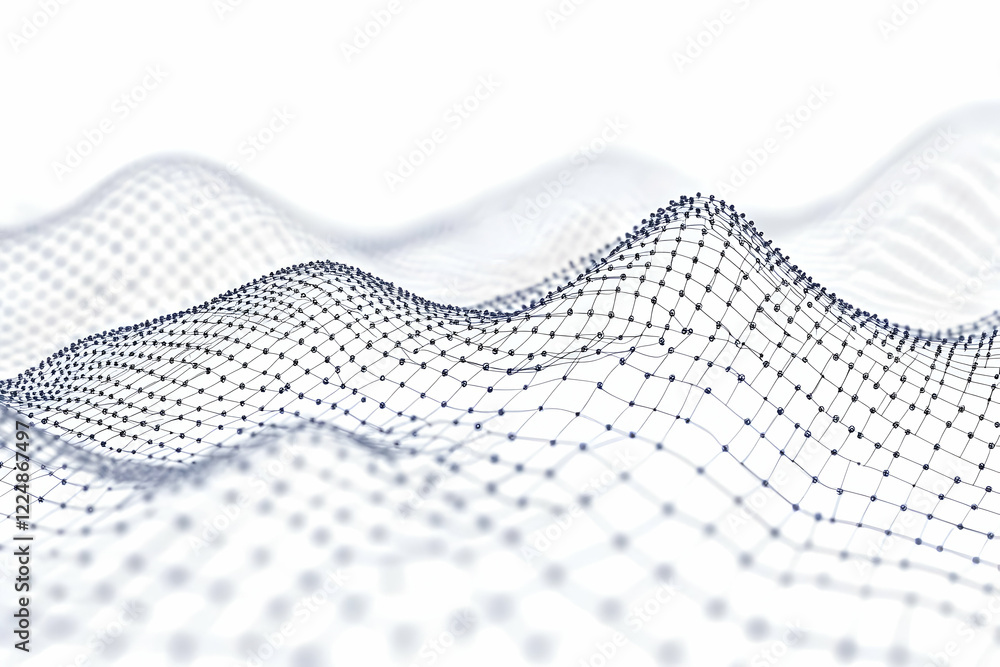 Poster abstract 3d mesh wave structure forms a digital landscape on a white background with soft focus