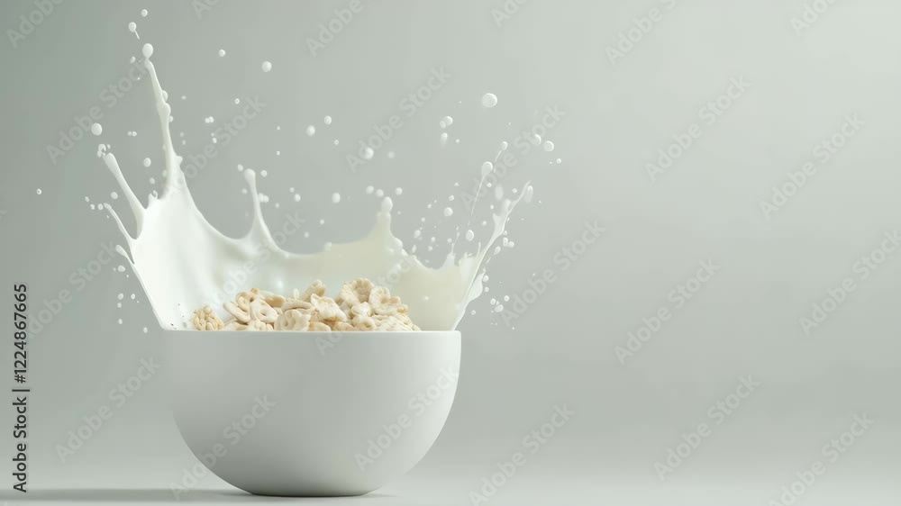 Poster Milk is splashing on cereal in a white bowl on a plain light gray background, creating dynamic movement and droplets, perfect for showcasing breakfast food