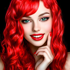 Close-up Portrait of a Woman with Vibrant Red Hair, Red Lipstick, and Green Eyes Against a Black Background.