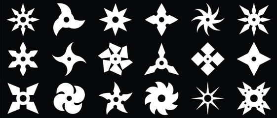 Fototapeta premium Set of ninja shuriken stars icons, Ninja Throwing Star Silhouettes. set of ninja weapon .White vector silhouettes isolated on black background