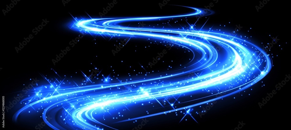 Poster abstract blue light trails on a dark background with a winding path and glowing sparkles