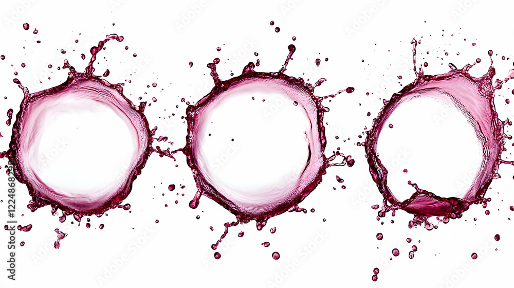 Aufkleber three circular splashes of red liquid create dynamic rings on white background