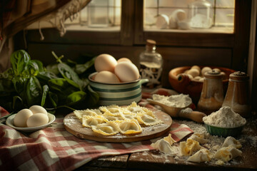 Una composizione di ravioli fatti a mano su una tovaglia a quadri, circondati da ingredienti come ricotta, spinaci e uova, con un'atmosfera calda e familiare