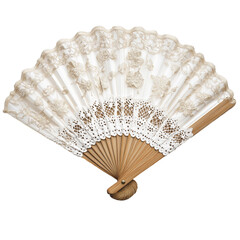 white lace hand fan with delicate floral embroidery isolated on transparent white background