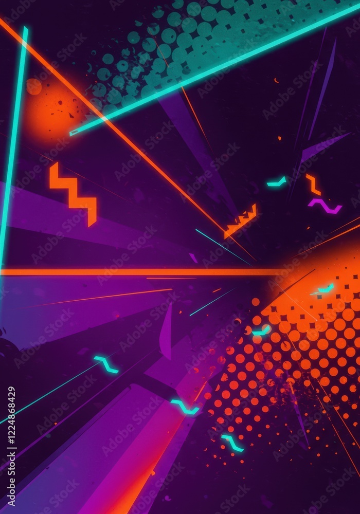 Poster vibrant neon abstract background with dynamic geometric shapes and retro futuristic vibes