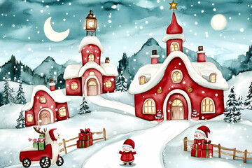 Fototapeta premium Whimsical Christmas Village Scene Shows Cozy Red Houses, Snowy Landscape with Festive Characters Beautifully