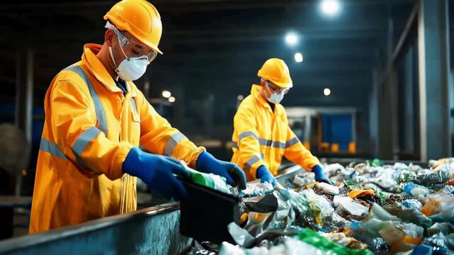 Two workers in safety uniform sorting garbage on waste treatment plant	