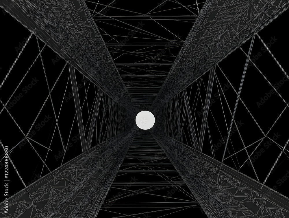 Poster abstract 3d wireframe tunnel leads to a bright light at the end with intricate textures.