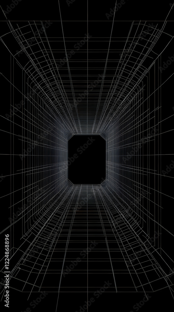 Poster abstract 3d wireframe tunnel creates illusion of depth and perspective on black background