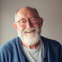 Portrait of a smiling Canadian man in his 60s with a white beard and glasses wearing a blue sweater