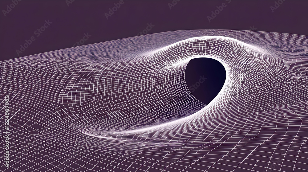 Poster 3d wireframe grid forms a dynamic, curving surface with a central void in purple background.