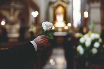 Man Hand holding white rose against church background, religious service for deceased. Farewell and loss, mourning at funeral, fond memory. Funeral memory services advertisement template, copyspace