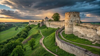 Fototapeta premium Panoramic View of Izborsk Fortress Walls and Towers, Pskov Region, Russia