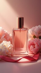 Luxury Perfume Bottle Mockup with a rose gold cap, surrounded by fresh peonies&ndash; Elegant Valentine&rsquo;s Day Fragrance Gift
