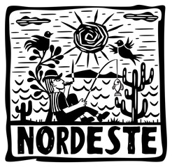 Northeast brazilian cordel. Woodcut vector illustration. Fisherman sitting near the tree and smoking
