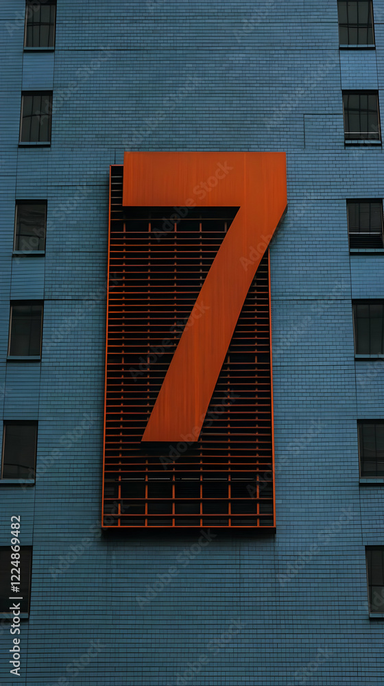 Poster large orange number 7 on a blue tiled building facade with windows and grid design