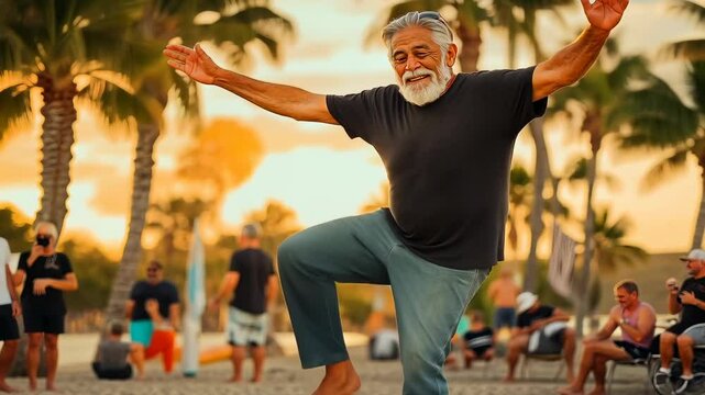 Elderly Caucasian male balancing on slackline in park at sunset. Senior man enjoys slacklining among trees. Outdoor activity keeps him agile and youthful. Sunset creates a warm atmosphere around the