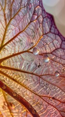 Obraz premium Close-up of dewy colorful leaf with intricate veins in sunlight