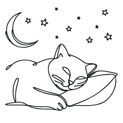 Cat sleeping on pillow linear background. Hand drawn beautiful kitty. Vector illustration.