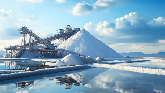 Industrial landscape saltworks machinery amidst mountain of salt in marshes on sunny day	