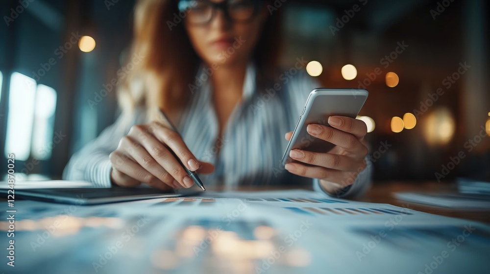 Poster focused business professional analyzing data and communicating via smartphone in a modern workspace 