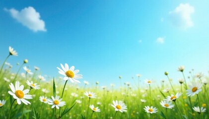 Tiny daisies scattered across the vast expanse of clear blue morning sky, daisy, bloom