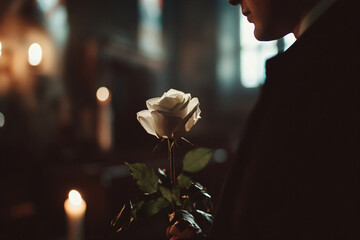 Man in mourning suit holding white rose against background of church service, funeral service. Template about loss, grief and mourning. Funeral services advertisement, copyspace