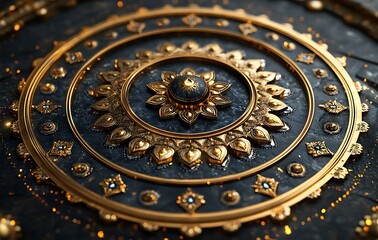 Obraz premium Intricate Golden Mandala Design on Dark Background with Ornate Textures and Patterns