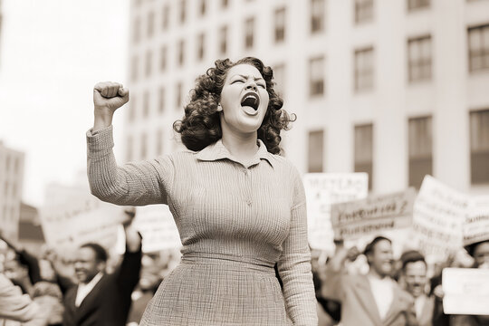 Empowered woman raises fist during a passionate protest in urban setting