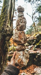 Hand holds perfectly balanced stack of rocks in a serene forest setting during autumn