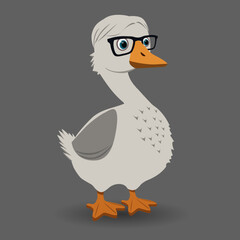 Anthropomorphic goose wearing black glasses and gray hairstyle on dark background. Cartoon character illustration. Funny animal concept for design and print