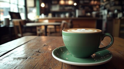 Fototapeta premium A carefully crafted latte sits on a rustic wooden table next to a laptop, inviting creativity and focus in a warm and inviting cafe setting, perfect for work or relaxation