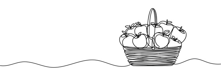 Apples in basket linear background. Hand drawn harvest of apples. Vector illustration.