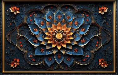 Ornate Mandala Art with Intricate Blue and Orange Flower Patterns on Dark Background

